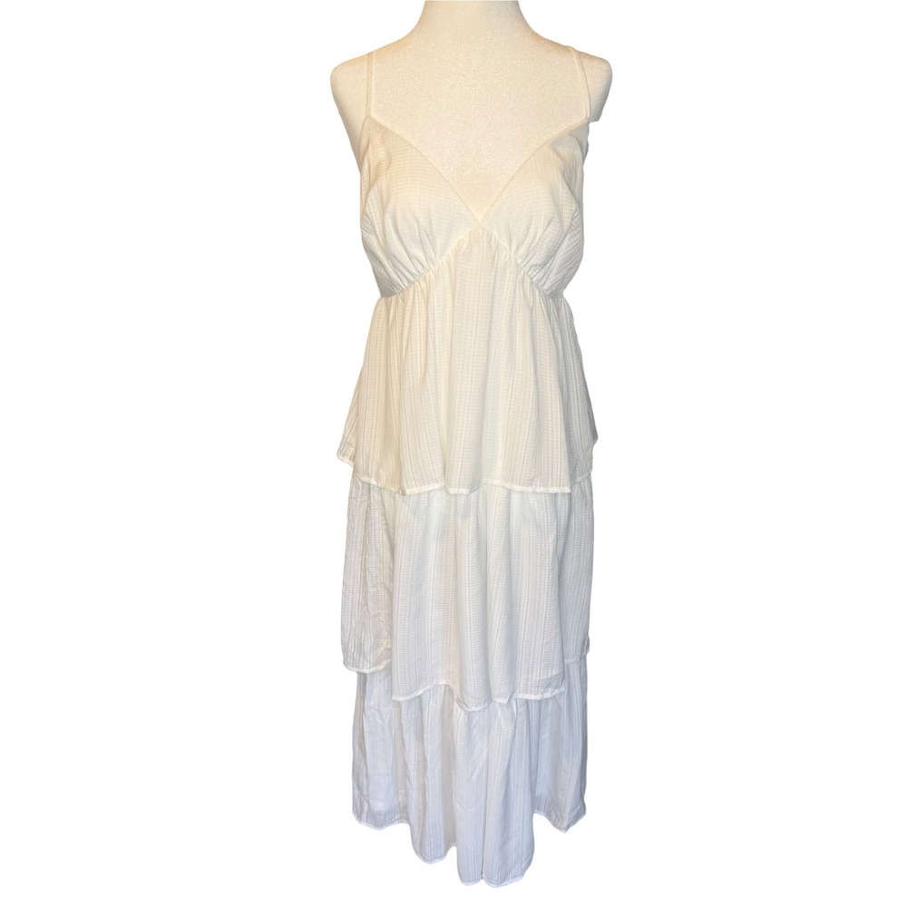 WAYF Ivory Tiered Maxi Dress V-Neck Spaghetti Strap Seersucker Stripe Size M NEW